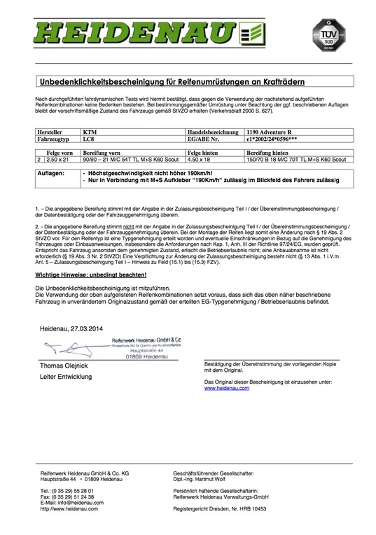 Heidenau Freigabe K60 Scout für KTM 1190 Adventure R